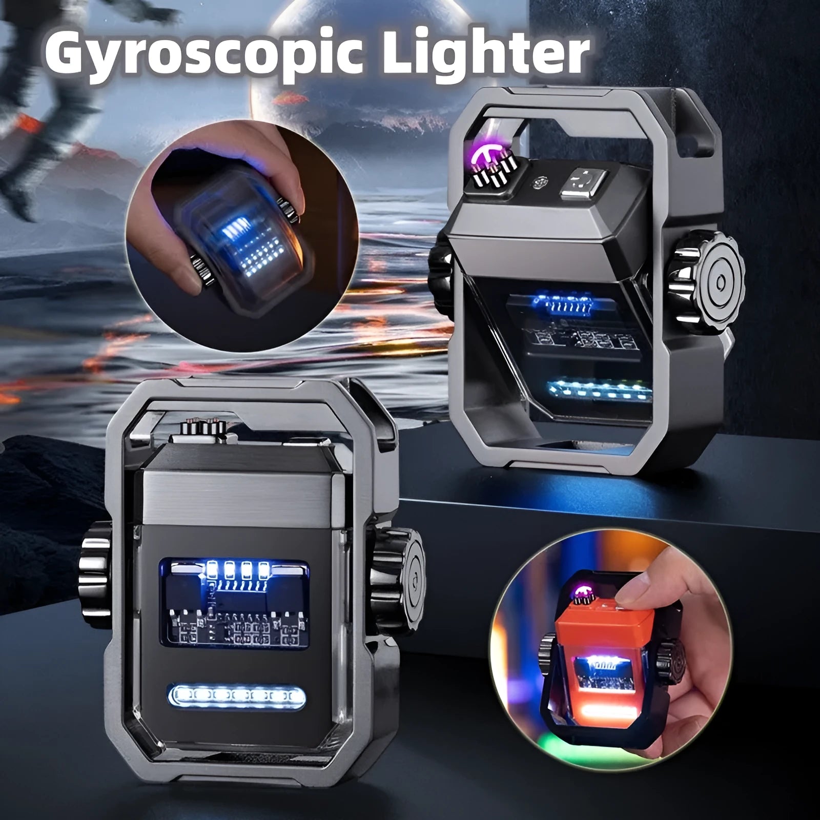 Blue Pulse double arc windproof electric lighter with mechanical gyroscope and USB Type-C charging port.