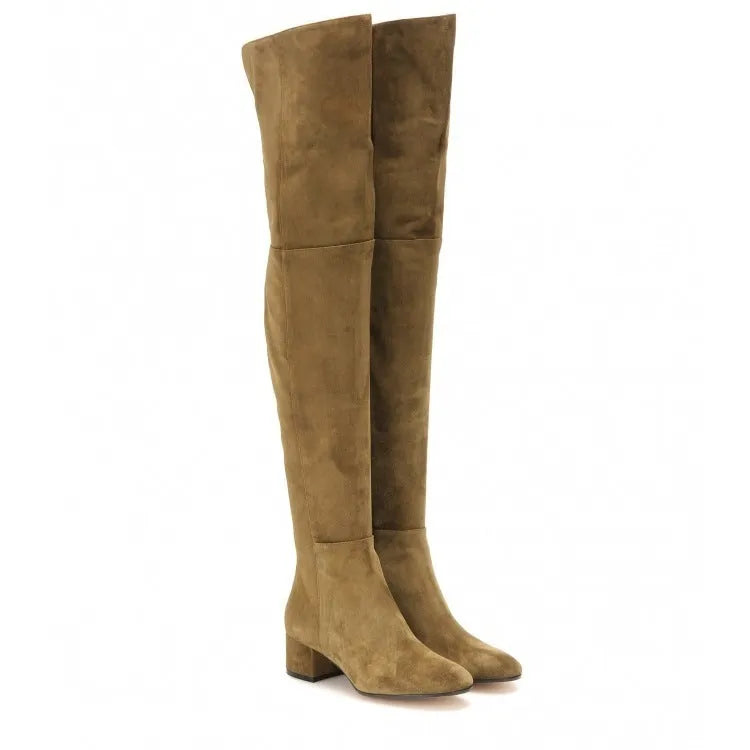 Grey suede women's flat over-the-knee boots with pointed toe and thick low heel.