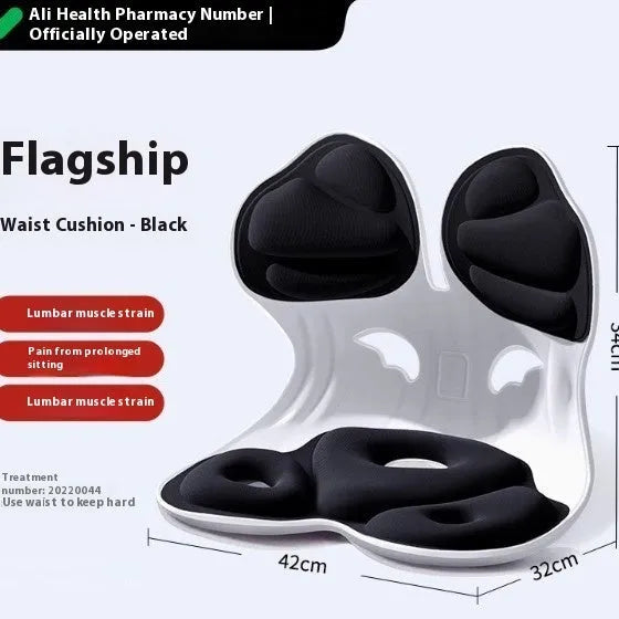 Grey waist support seat cushion with lumbar pillow design on an office chair