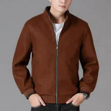 Men's grey sports-style fleece jacket with long sleeves and side pockets on a hanger.