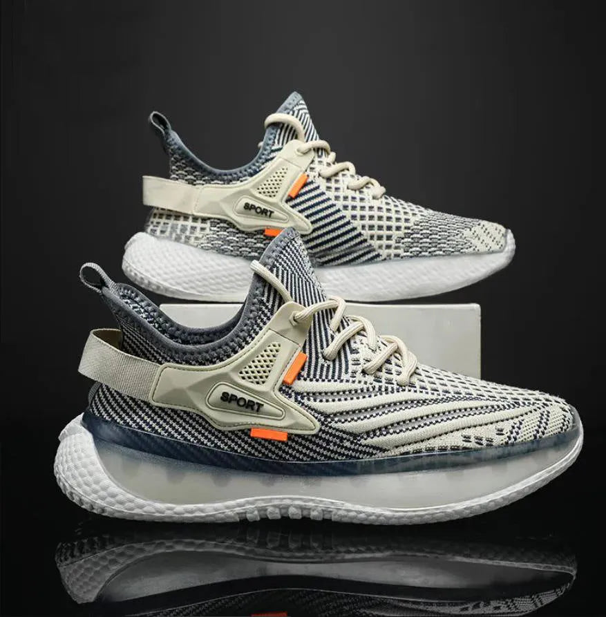 Men's white low-top lace-up sneakers with a woven mesh upper and flat rubber platform sole