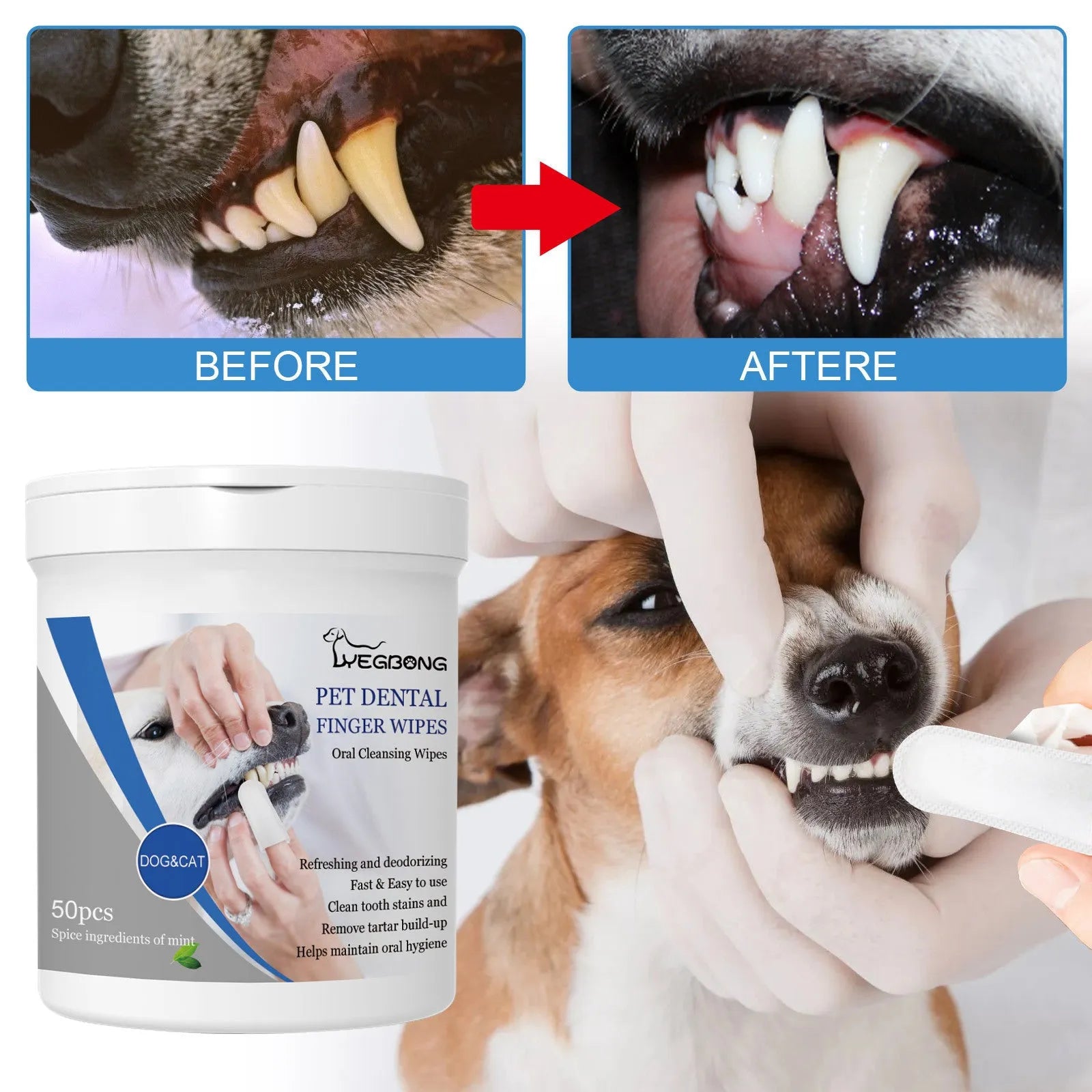 Can of 50 dog teeth cleaning finger wipes next to a silicone finger stall for oral care.