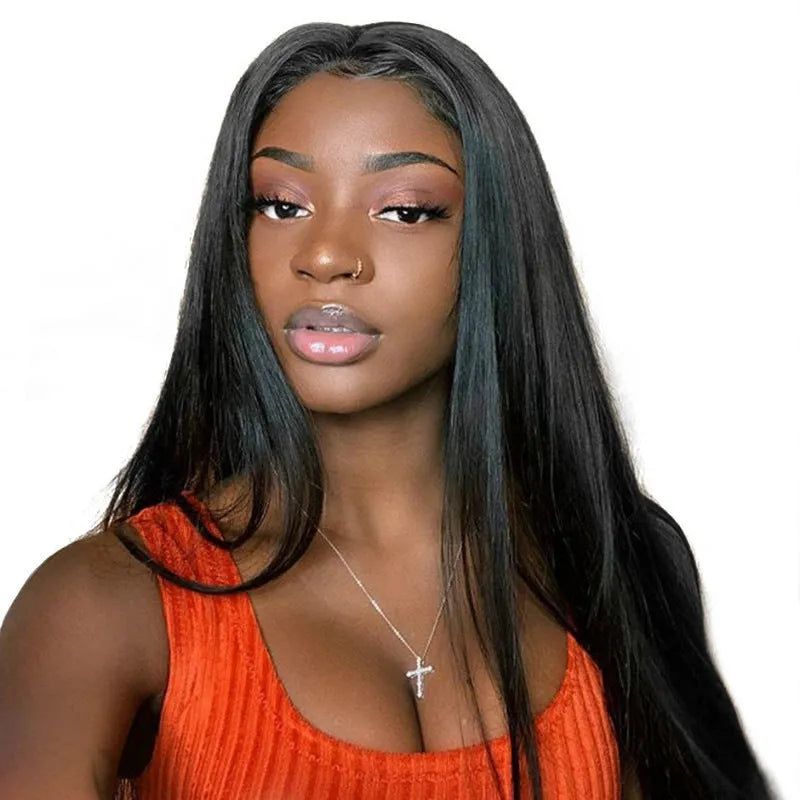 Long straight black synthetic wig with centre-parted bangs on a model.
