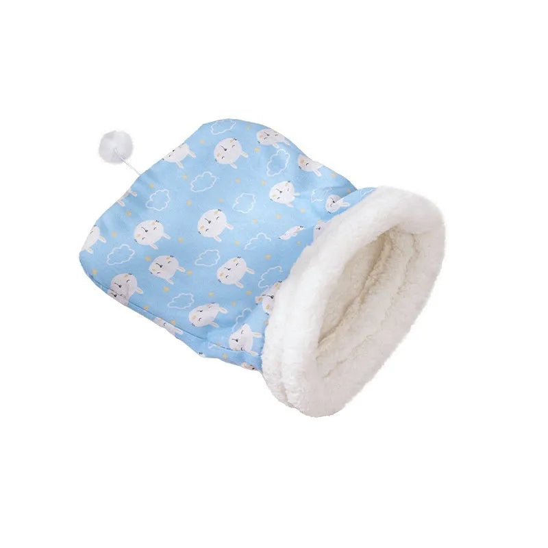 Flannel cat sleeping bag nest with PP cotton filling, shown in pink Trojan design.