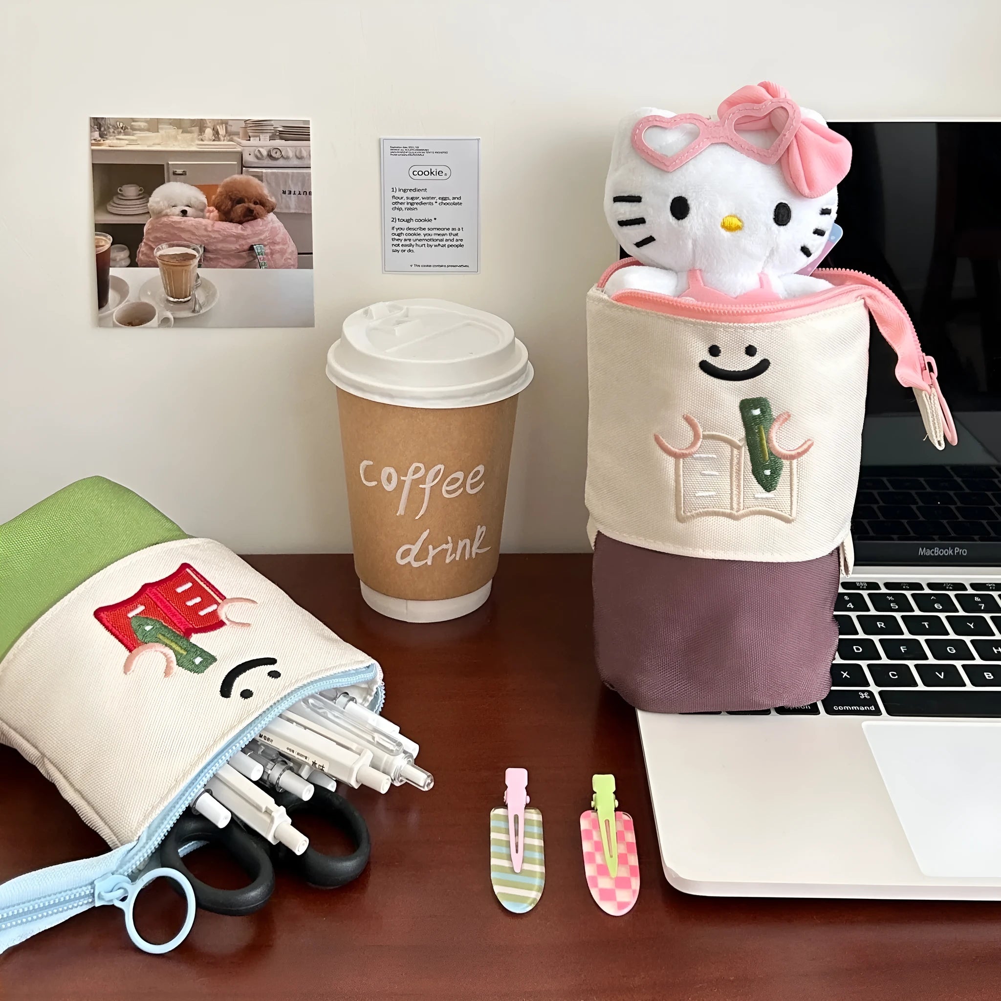 Brown collapsible Korean style pencil case made from Oxford fabric, shown open and closed