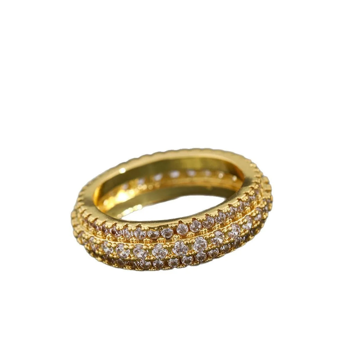 Geometric triangular copper ring with inlaid zircon stones in a choice of three metal finishes.