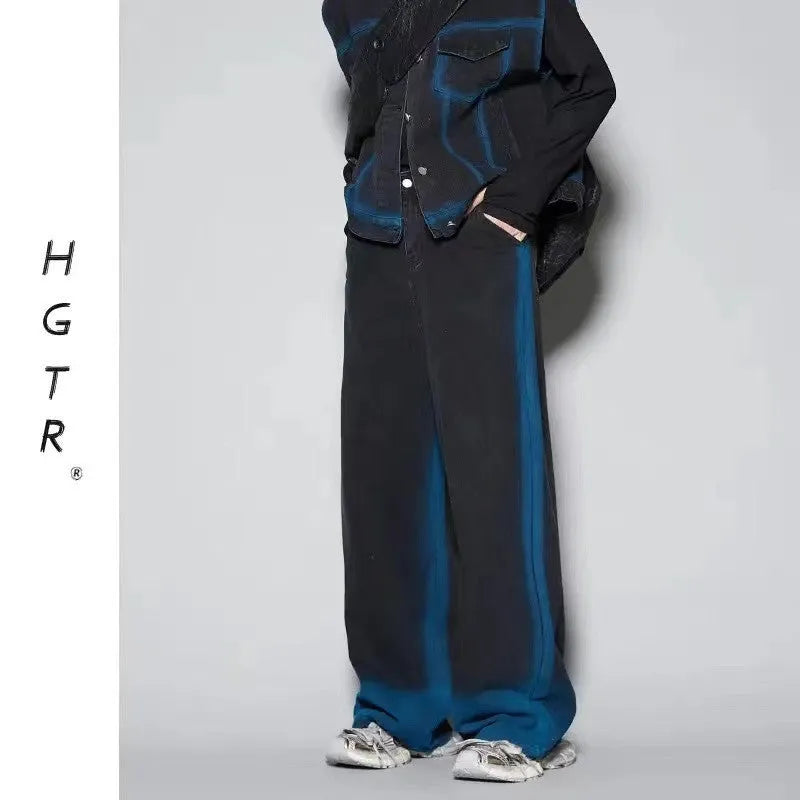 Blue distressed vest and jeans two-piece suit set with spray colour gradient on fleece-lined polyester.