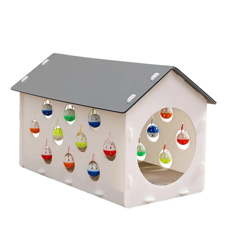 Plastic cat scratch board integrated with nest and bell ball tunnel pet accessory