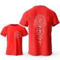 Viking rune compass design with smiling face on a men's pure cotton T-shirt.