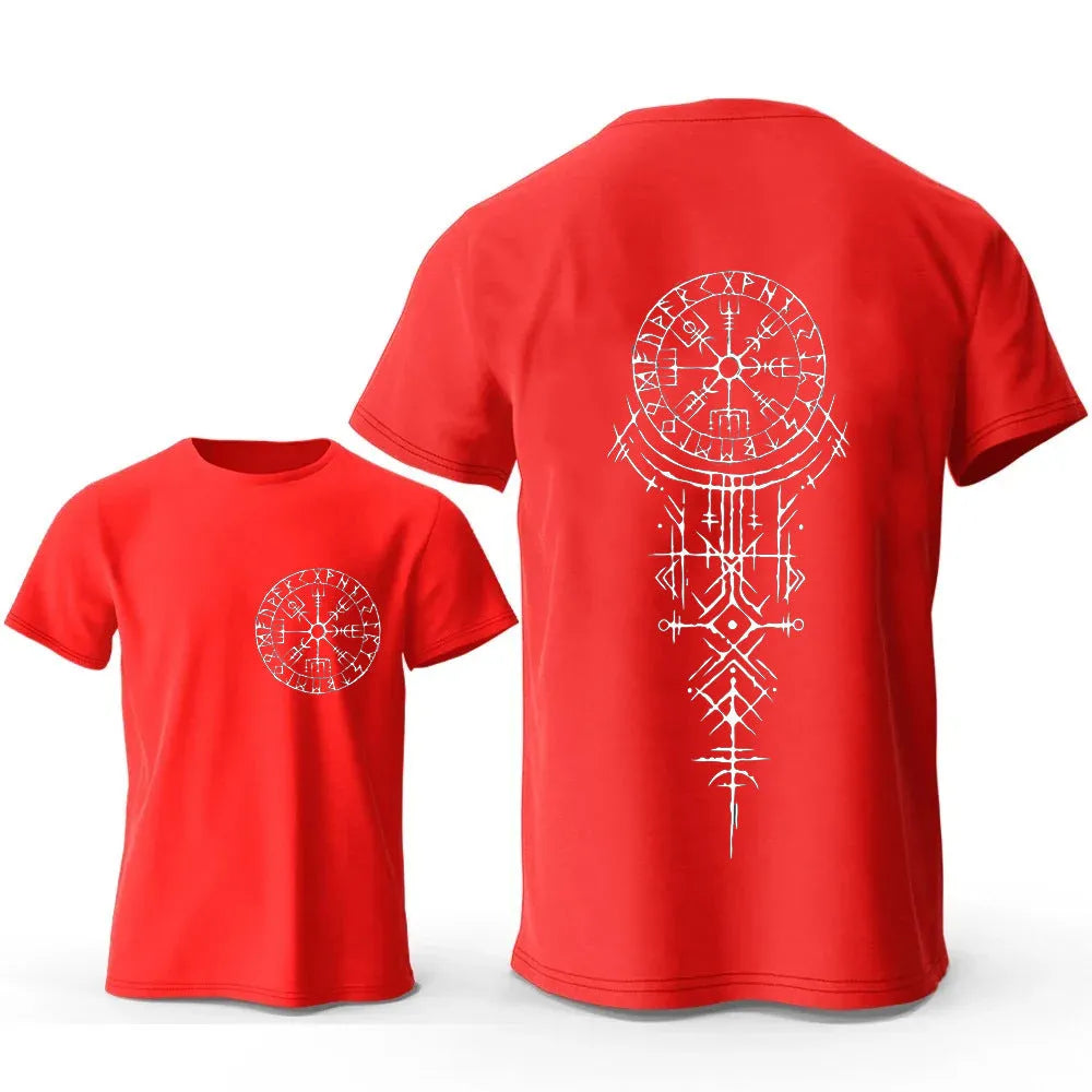 Viking rune compass design with smiling face on a men's pure cotton T-shirt.