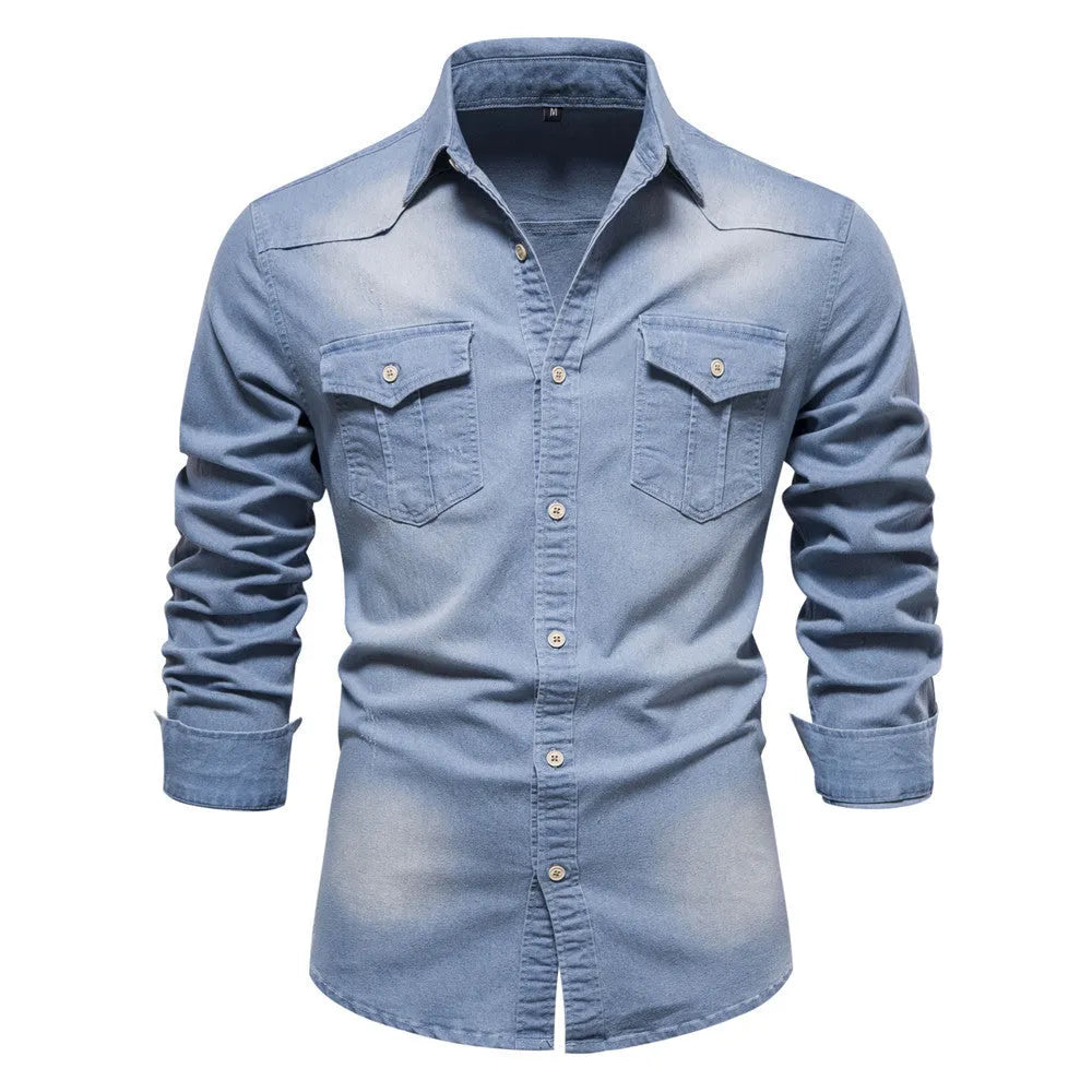 Men's long-sleeved slim fit denim shirt in solid colour cotton casual top