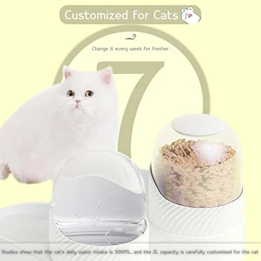 White automatic cat feeder and water dispenser set with wave-shaped design on a floor.