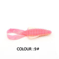 8cm PVC fishing soft bait lure in multiple colour variations against fishing tackle background