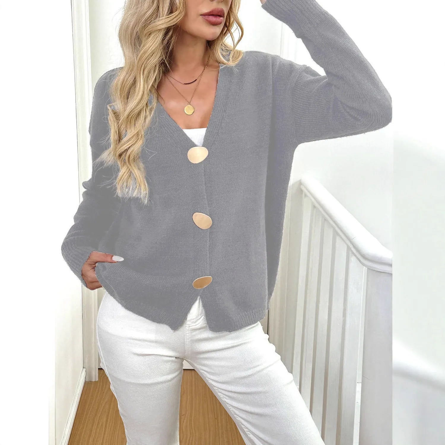 Women's deer plush sweater coat with princess sleeves in street hipster style, available in black and grey colour options