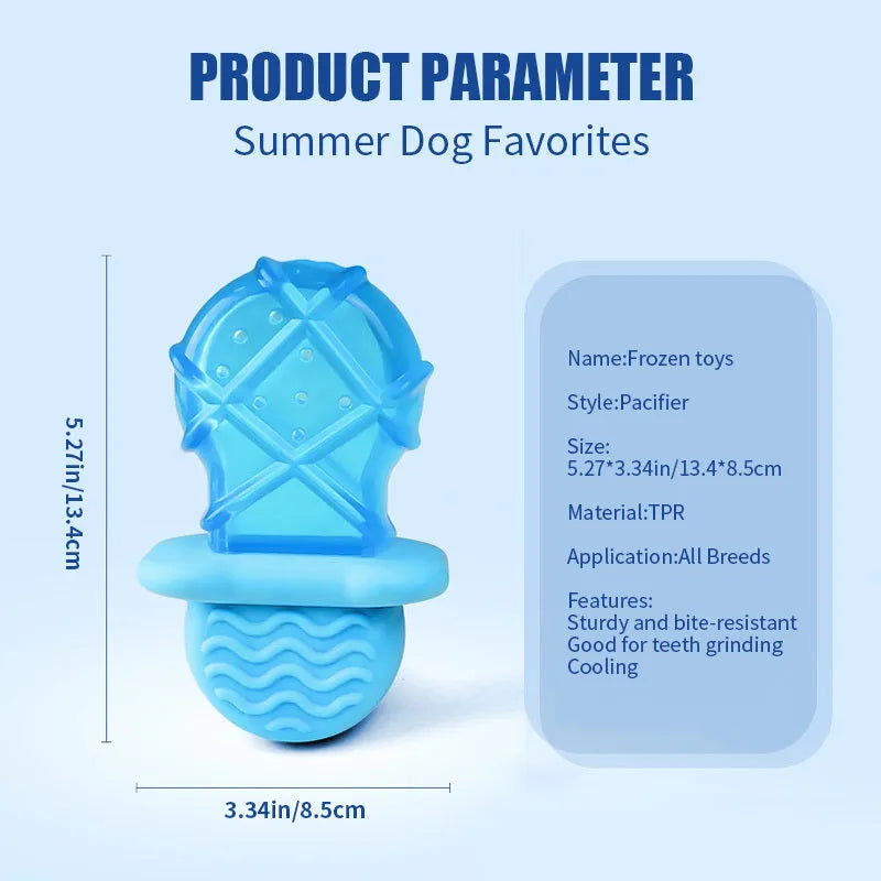 Set of three plastic dog chew toys: a blue pacifier, a red popsicle, and a green ring, designed to be filled with water and frozen.