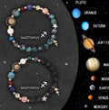 Two natural stone beaded bracelets with metal zodiac sign charms on a white background.