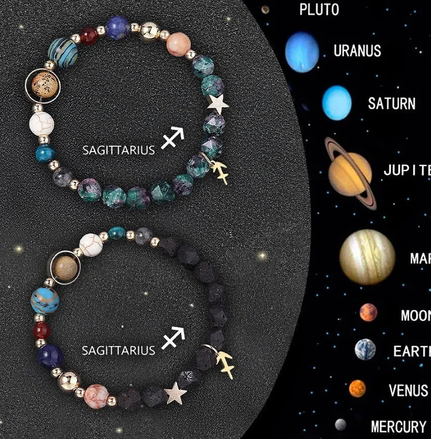 Two natural stone beaded bracelets with metal zodiac sign charms on a white background.