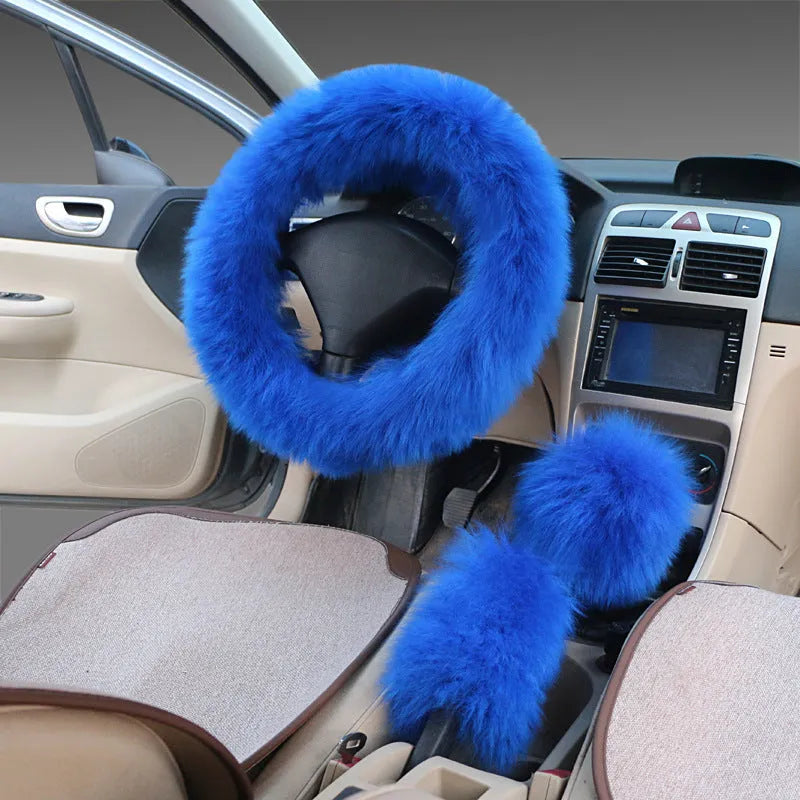 Wool steering wheel cover and handle covers three-piece set in multiple colour options for 38cm diameter wheels