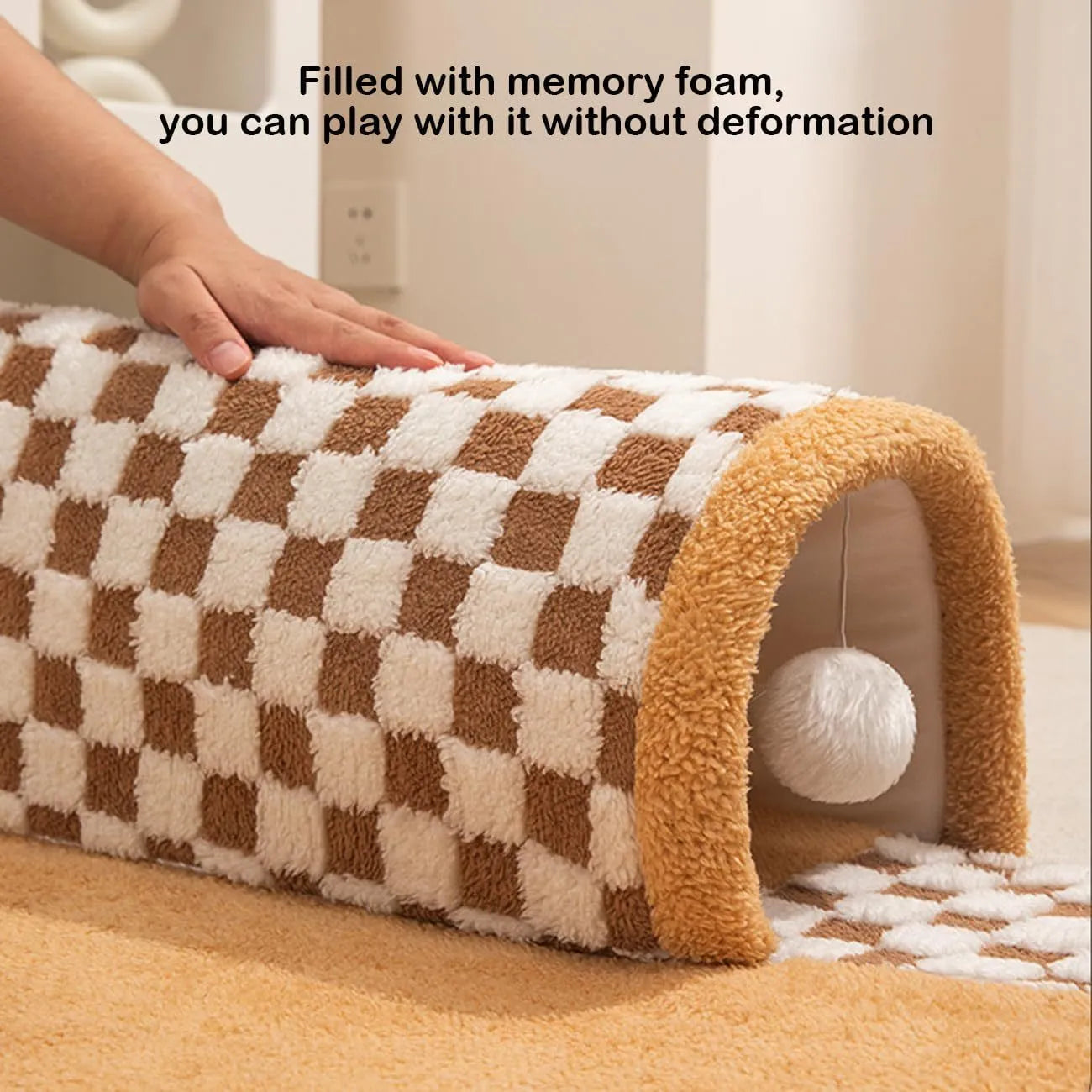 Large XL fan-shaped plush pet bed with integrated play tunnel in coffee colour, showing anti-slip base.
