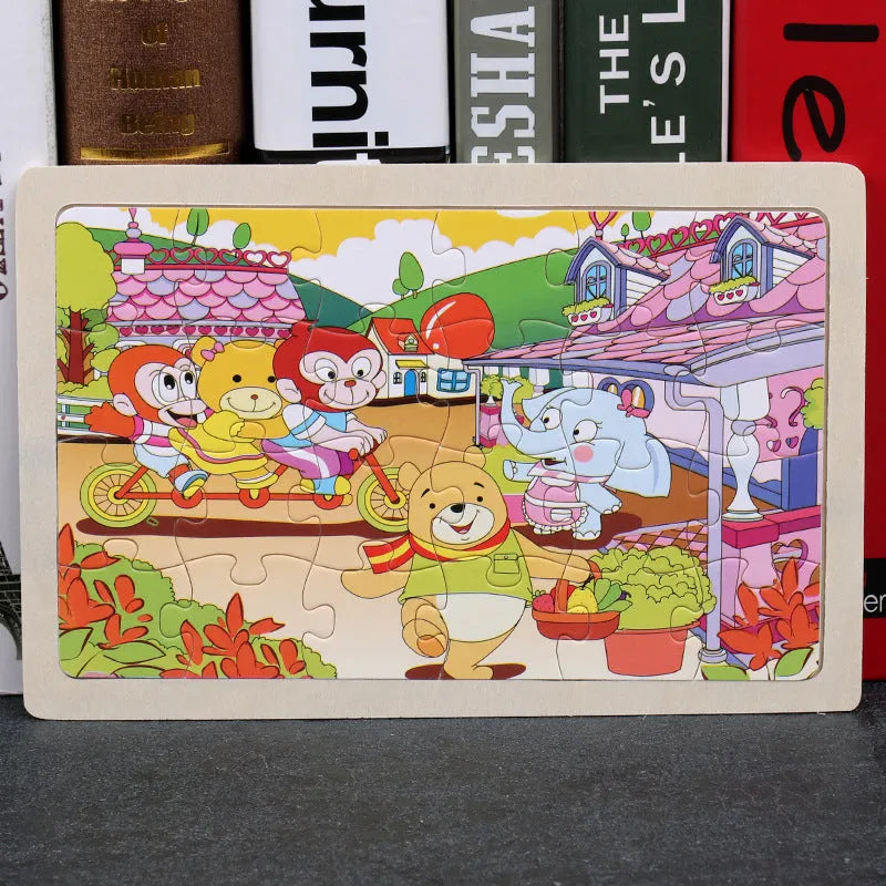 80-piece wooden animal puzzle set in iron box, designed for children aged 3 and over, featuring bear and riding themes