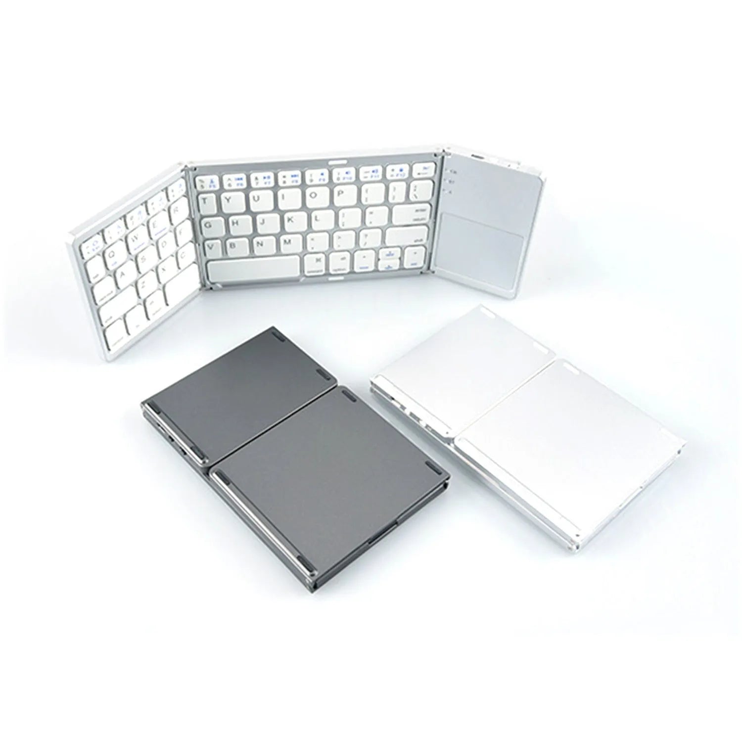 Tri-fold Bluetooth keyboard shown both folded and unfolded with black and silver colour options