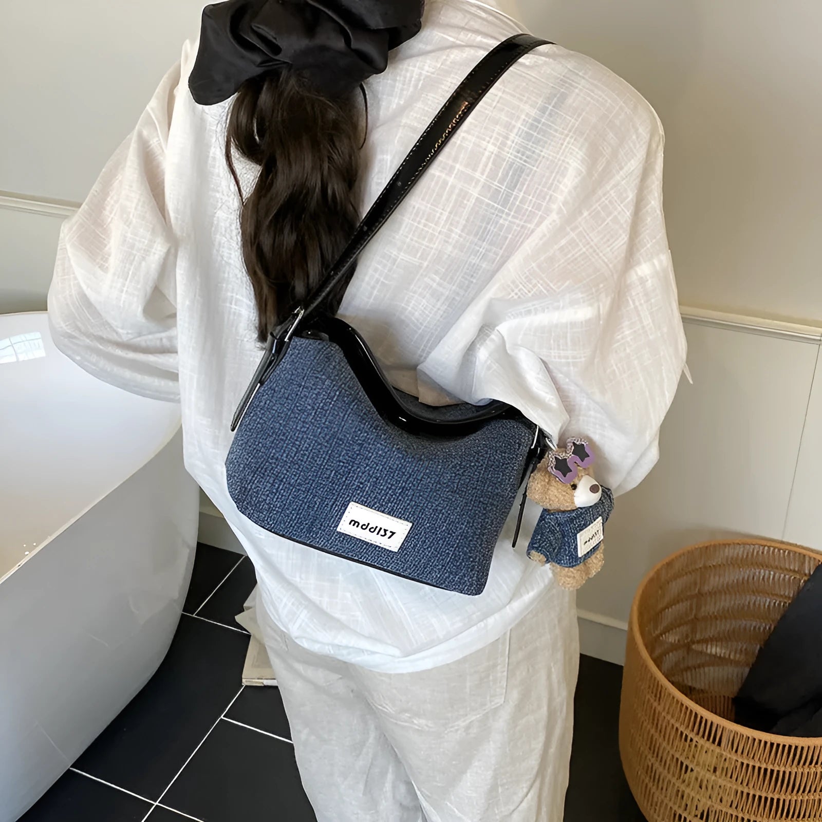 Fashion retro denim small crossbody bag in black with slit pocket and pendant