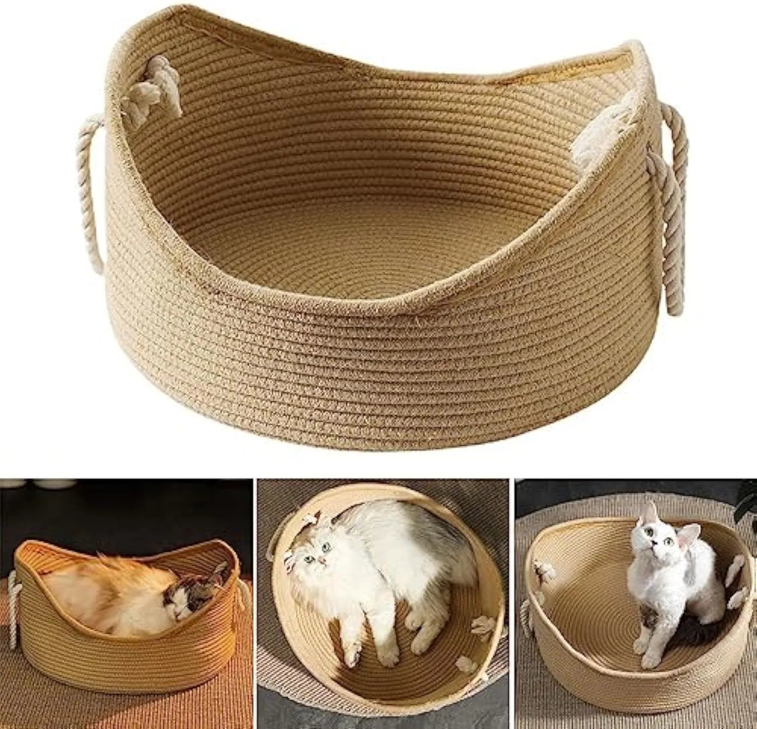 A square wicker cat bed basket with an integrated corrugated cardboard scratching panel on one side.