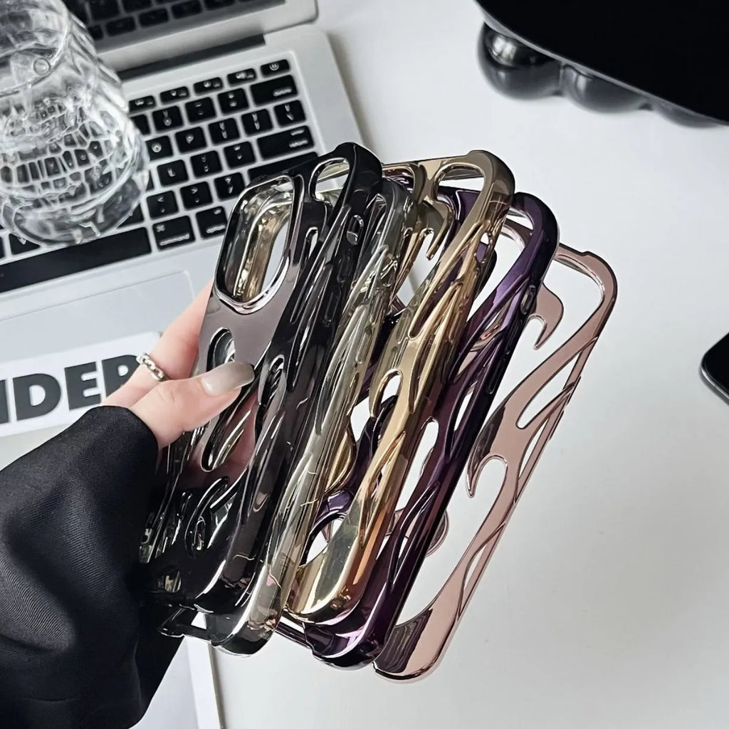 Electroplated hollow flame pattern iPhone case in silver with TPU soft shell construction