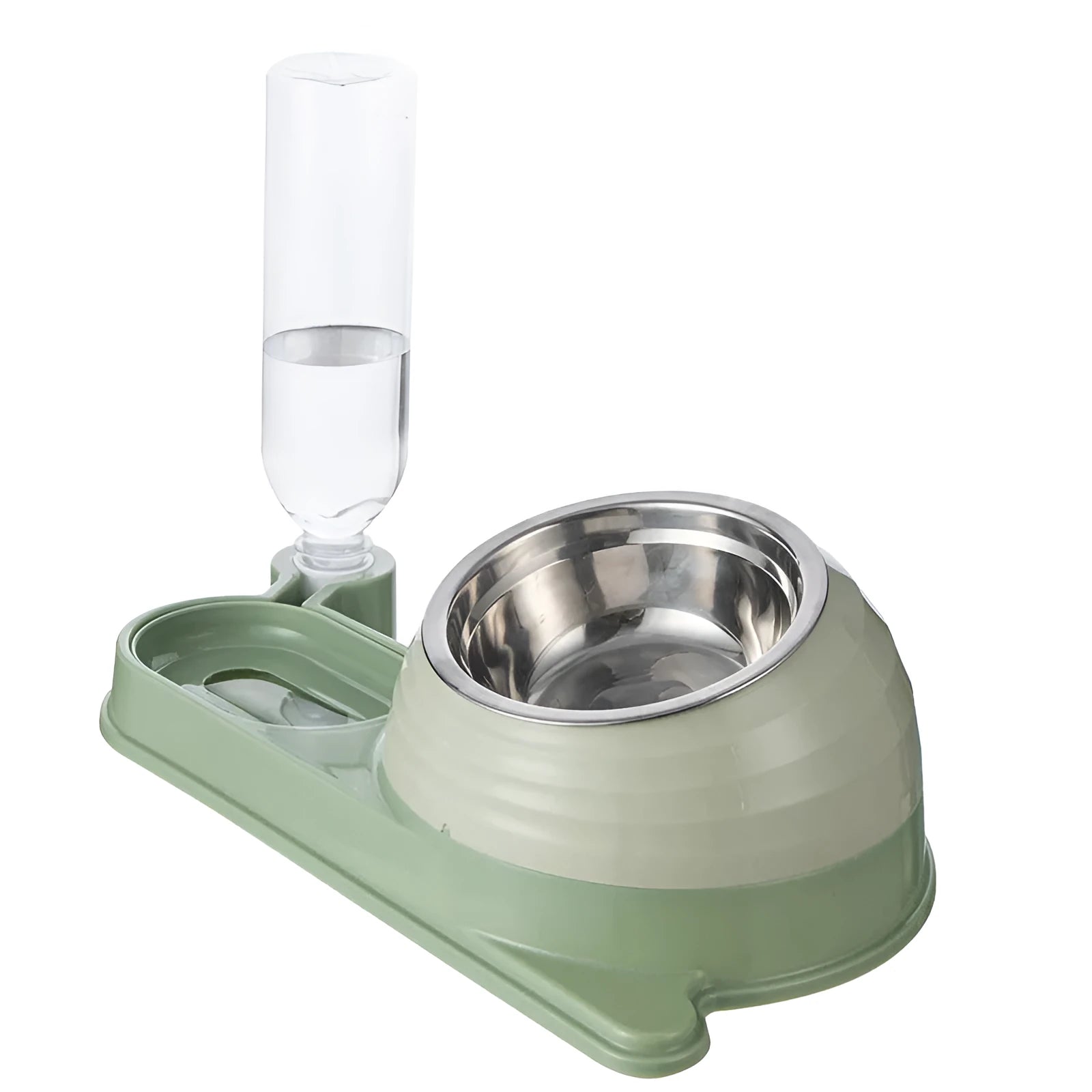 Brown elevated cat food bowl with attached water bottle dispenser on a floor.