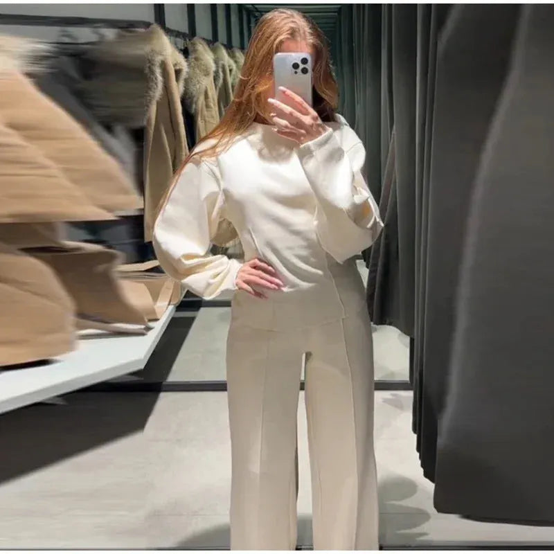Women's polar fleece suit set with pleated long sleeve top and wide leg trousers in multiple colour options