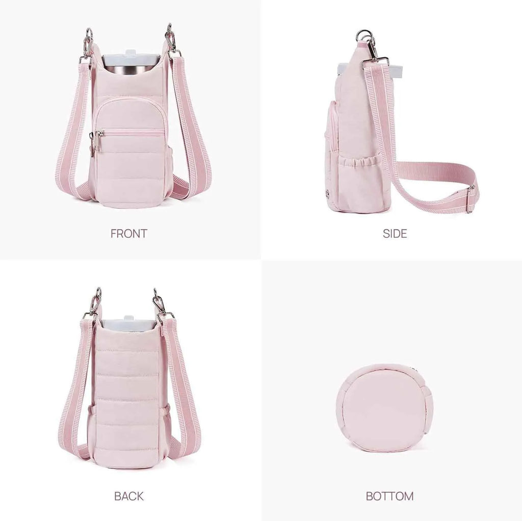 Cloth cycling water bottle bag in beige colour positioned on bicycle frame