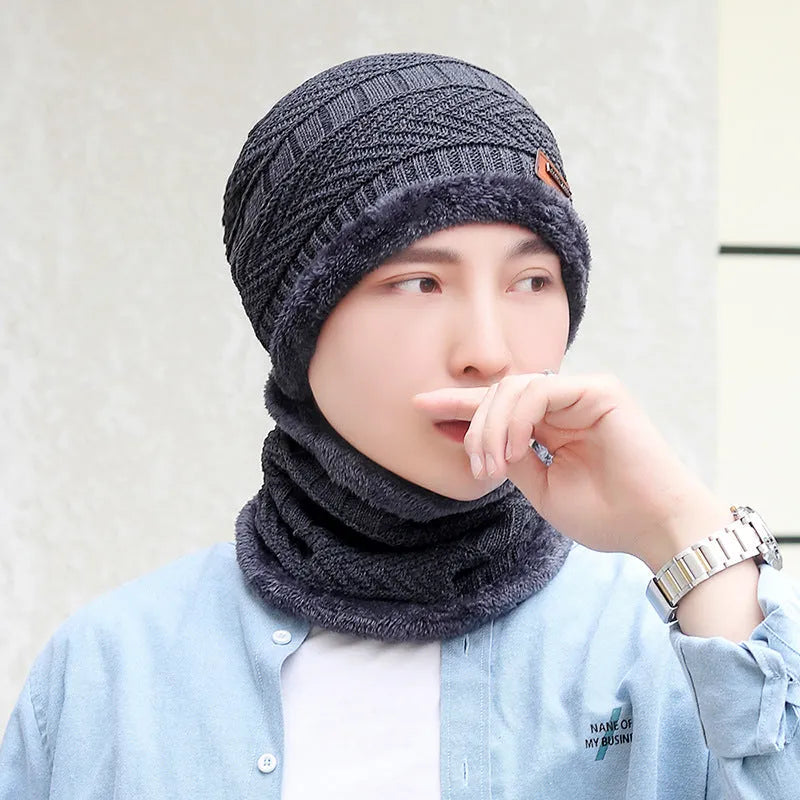 Coral Fleece Balaclava Winter Hat – wool knit dome beanie with fleece lining, unisex one size, navy blue shown