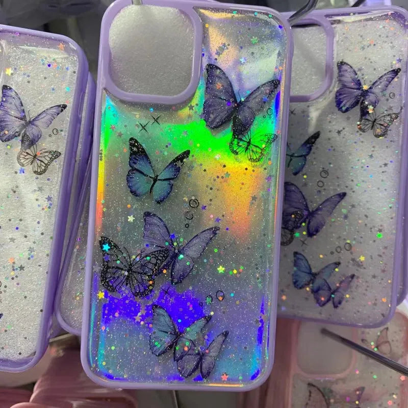 Gray epoxy glitter butterfly TPU phone case for iPhone on white background