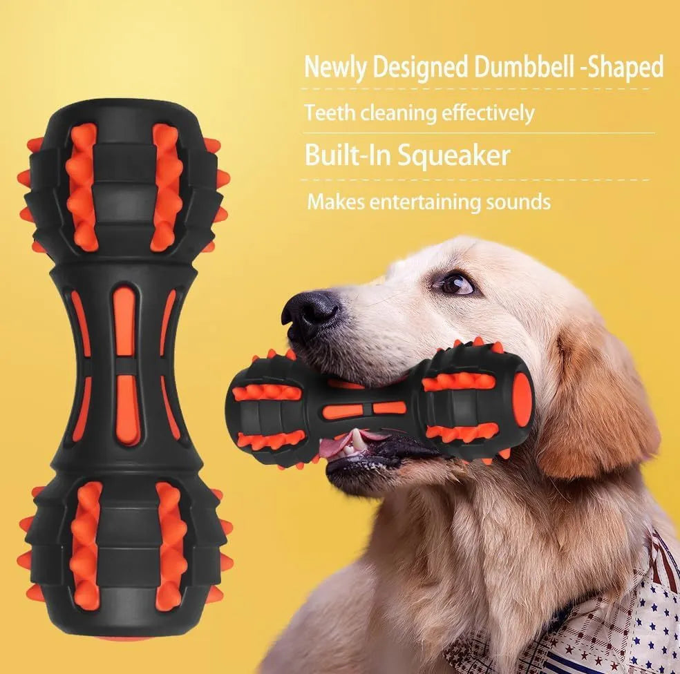 Red rubber dumbbell-shaped dog chew toy with double-layer construction for aggressive chewers
