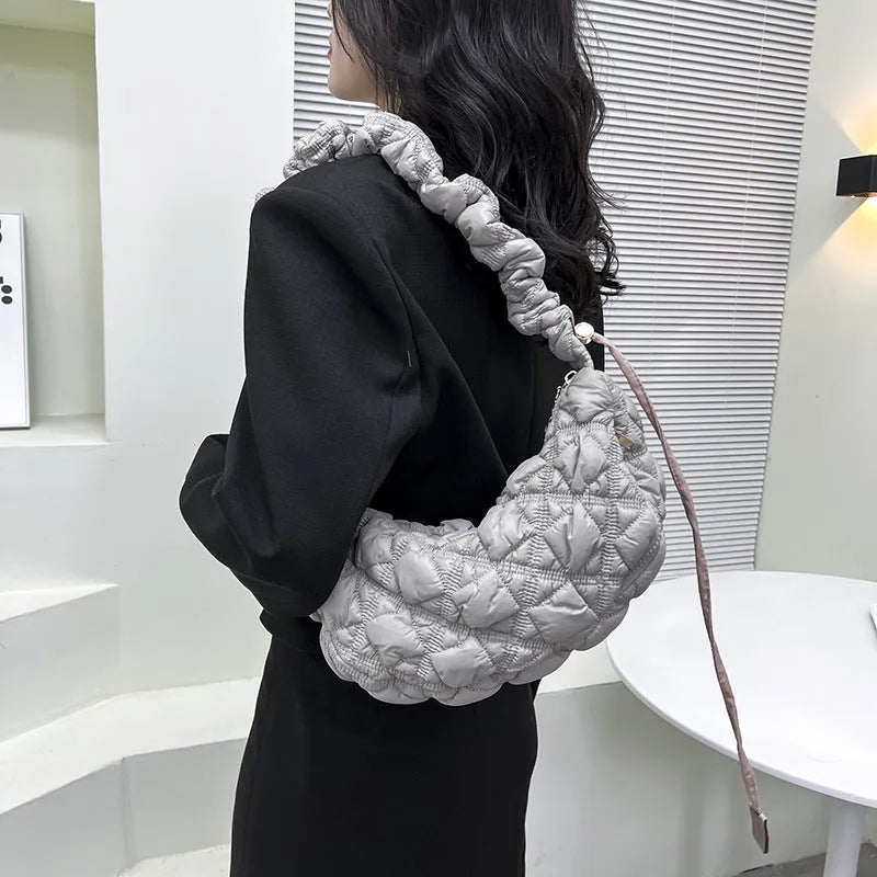 Women's casual nylon underarm messenger bag in beige colour showing dimensions and adjustable shoulder strap