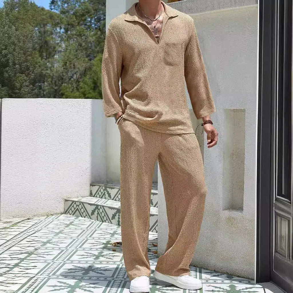 Men's casual polyester commuter suit with shirt and trousers in lake blue, khaki, black, or caramel colours