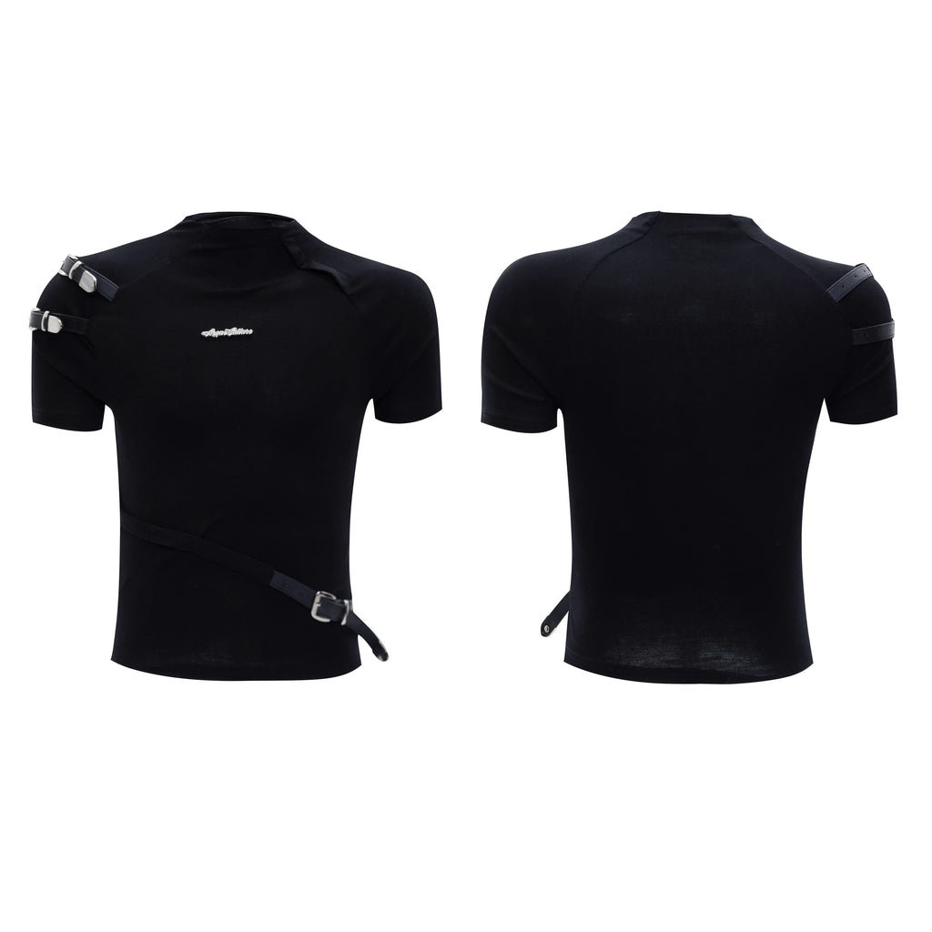 Men's black slim fit cotton T-shirt with metal belt detail and stand-up collar.