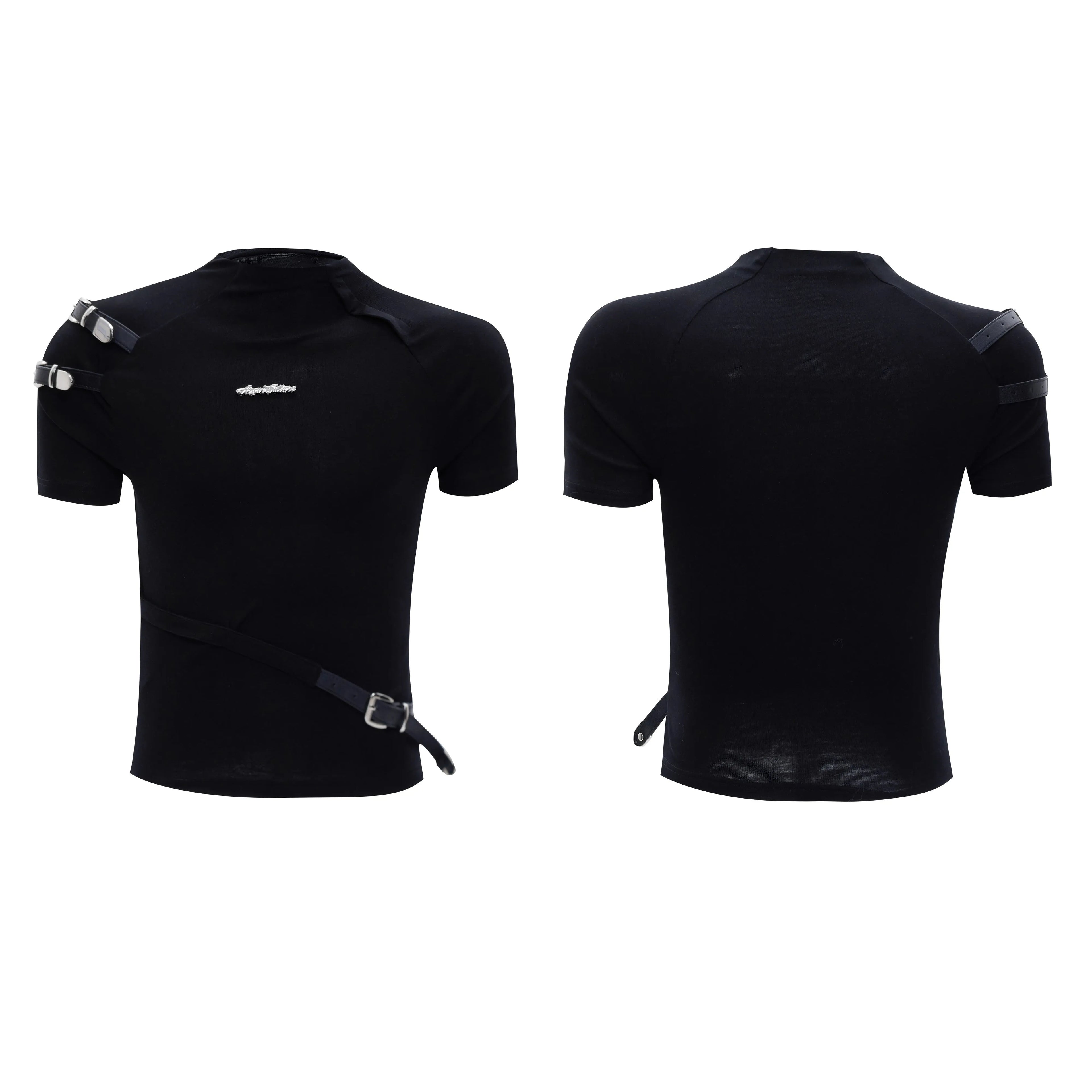 Men's black slim fit cotton T-shirt with metal belt detail and stand-up collar.
