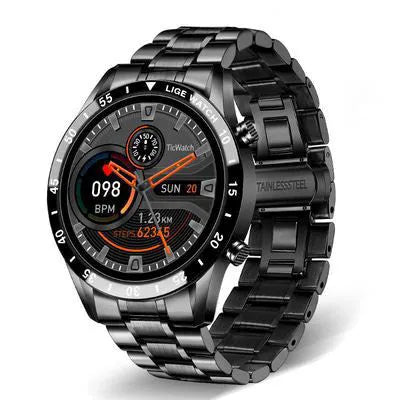 Smart watch with stainless steel wristband and 1.3 inch touch screen display showing step counter