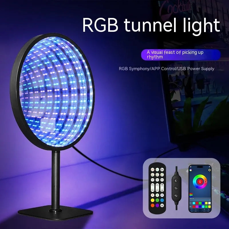 Creative Tunnel Multi-layer LED Mirror Ambience Light with remote control on a wooden table