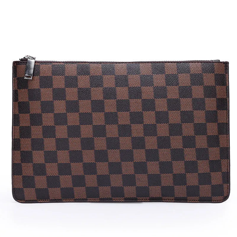 Men's black checkered pattern PU leather clutch showing card slots and handheld design.