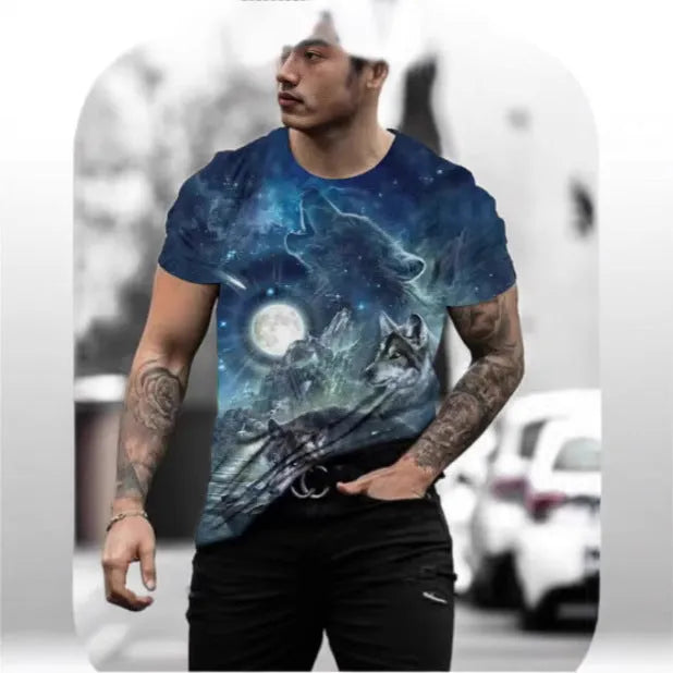 Man wearing a short-sleeved grey T-shirt with a detailed retro-style 3D animal graphic print on the front.