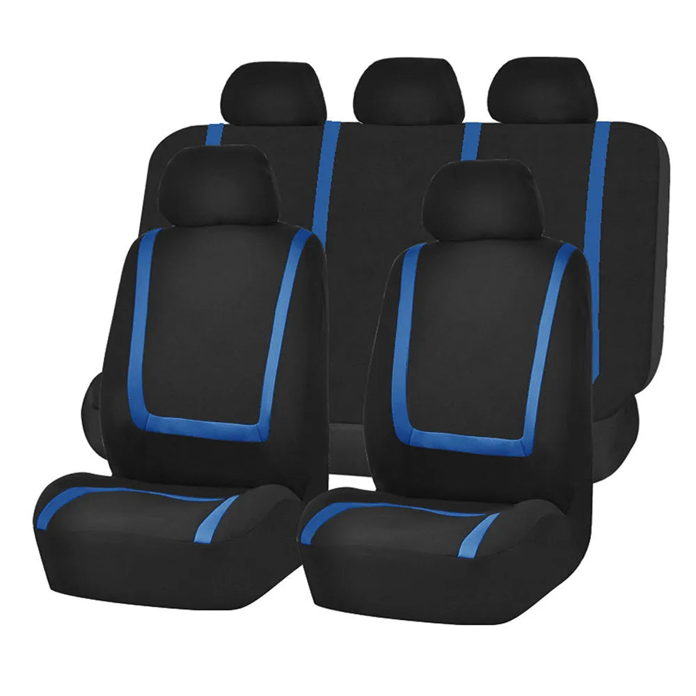 Fully enclosed fabric car seat cover set shown in a two-tone colour on a vehicle seat.