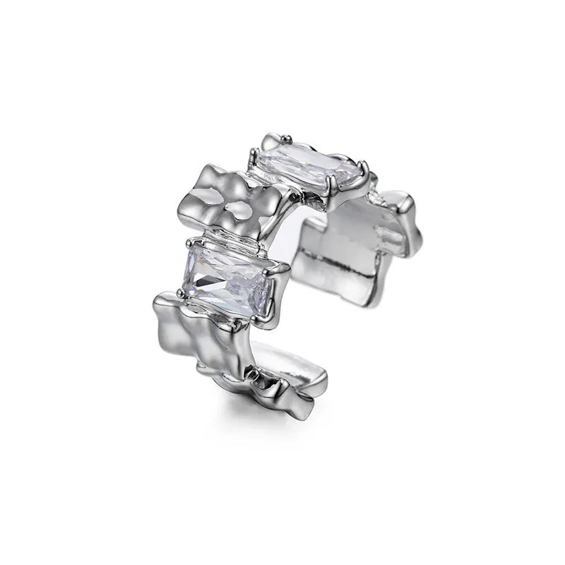 Geometric cross zircon ring in silver-plated metal with open design and three-dimensional decoration