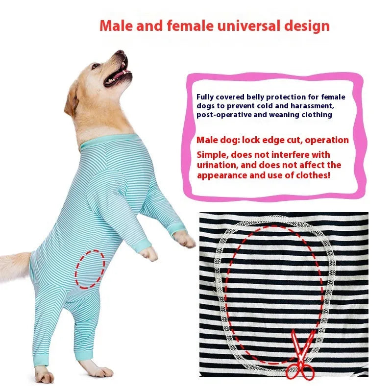 Thin four-legged polyester striped dog shirt for golden retrievers and labradors in three colour options