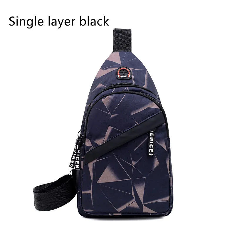 Men's print sling chest bag with earphone hole, Oxford cloth construction, showing front view with zipper opening