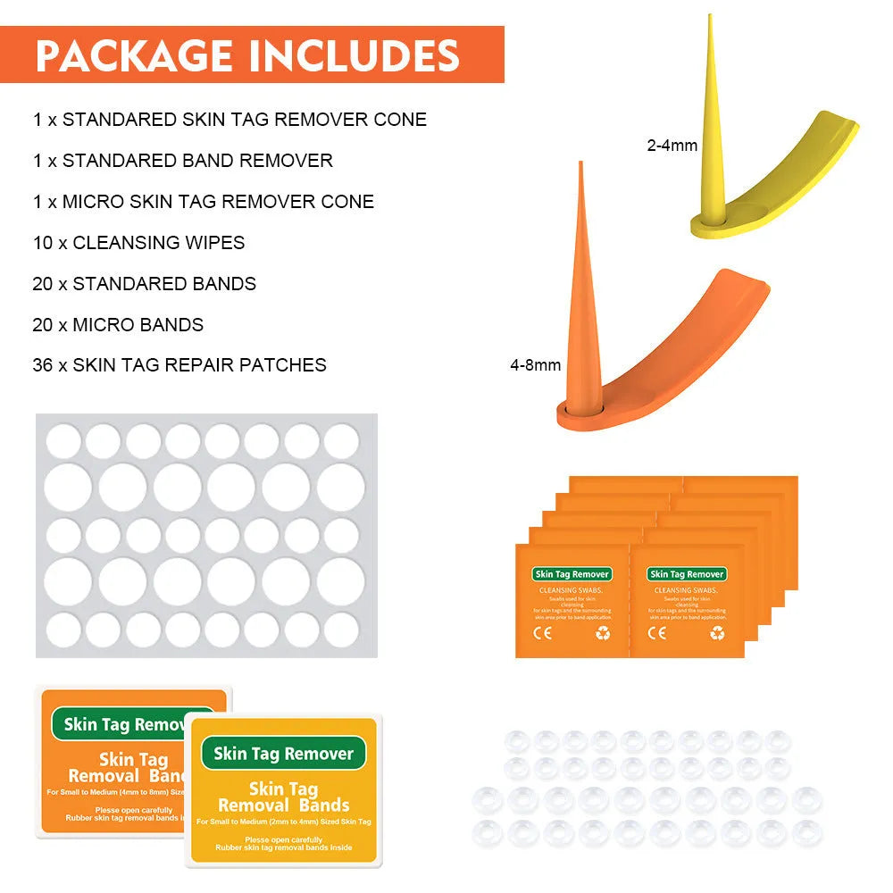 Orange yellow wart removal tool kit with devices, rubber rings, alcohol swabs, and stickers