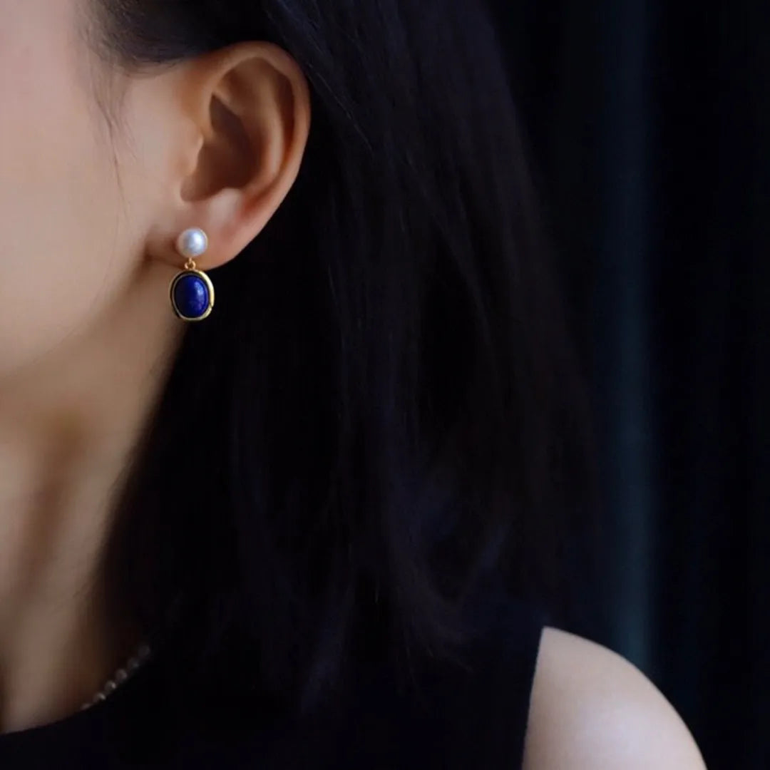 925 silver lapis lazuli pearl dangle earrings with auspicious pattern design.