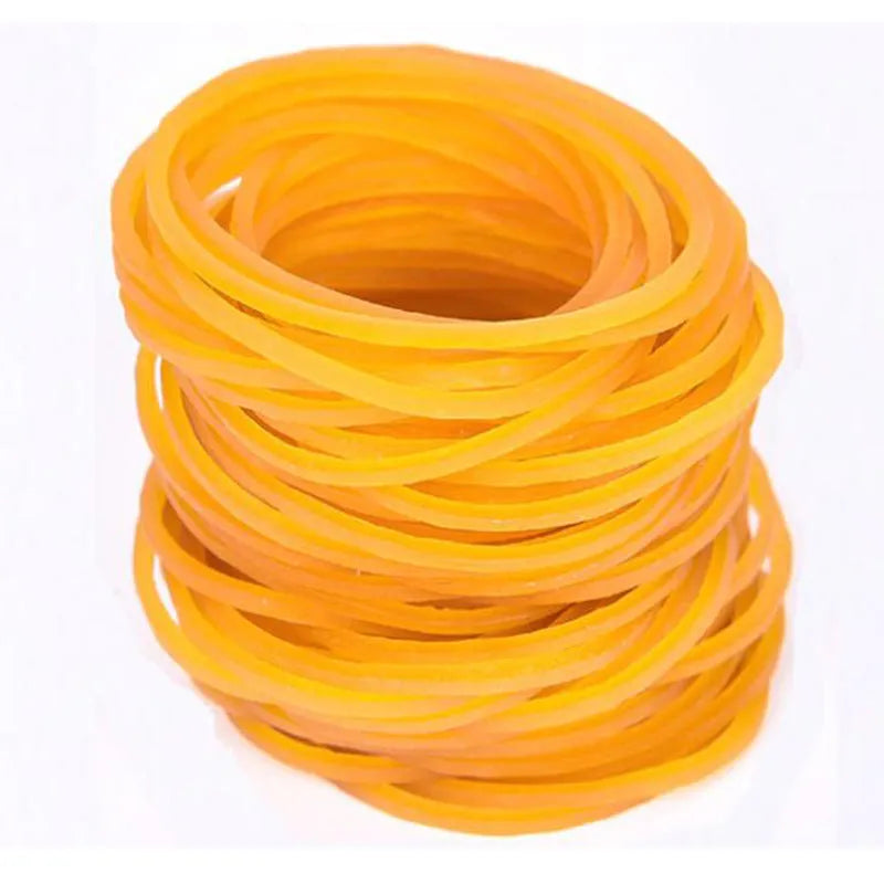 500g pack of assorted large yellow rubber bands in sizes from 25mm to 70mm diameter.