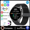 Black smartwatch with Bluetooth calling on a silicone strap, displaying health metrics on its TFT touch screen.